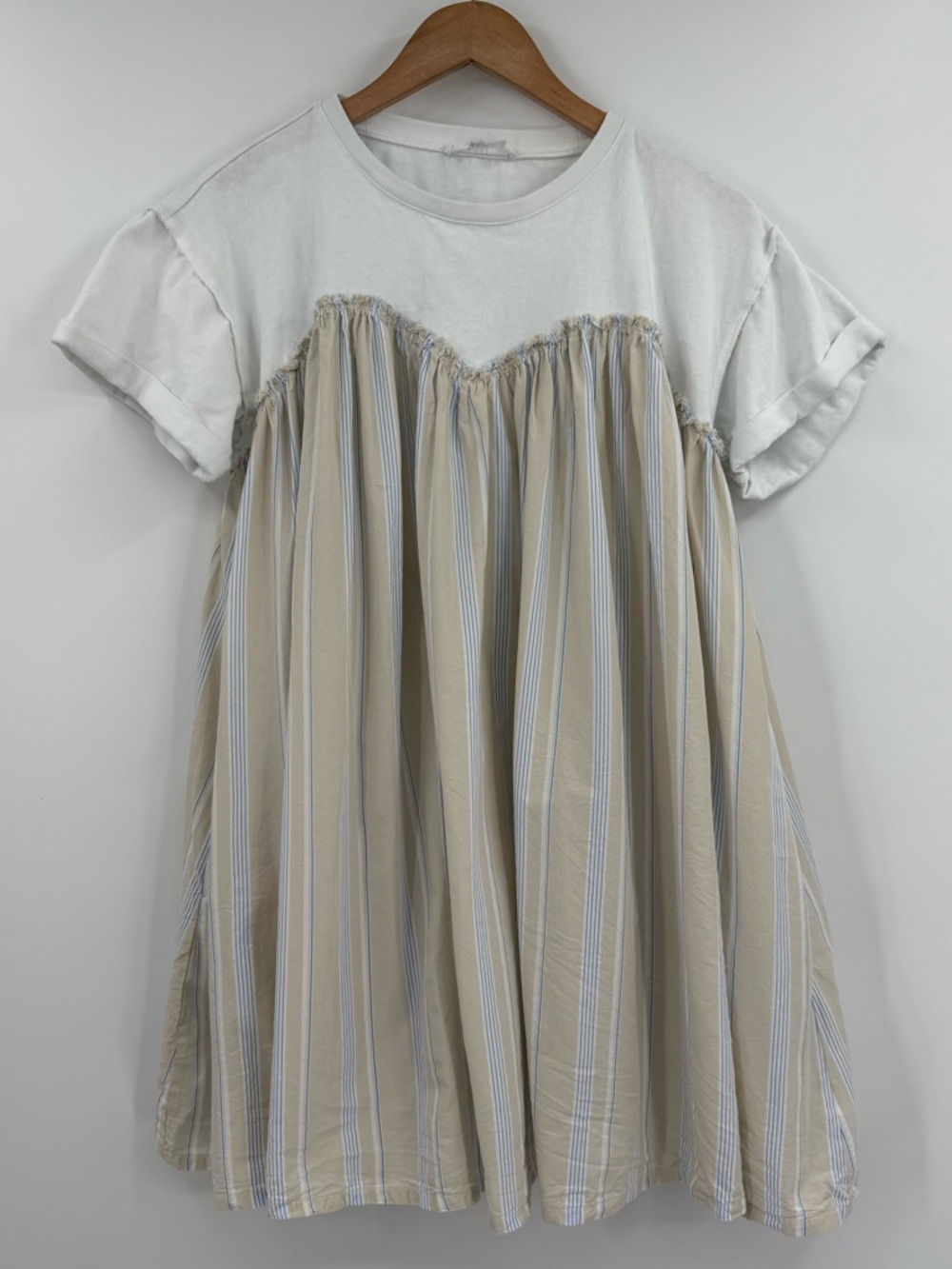 Talulah Mixed Media Stripe Babydoll Mini Dress | White / Tan / Blue | Small